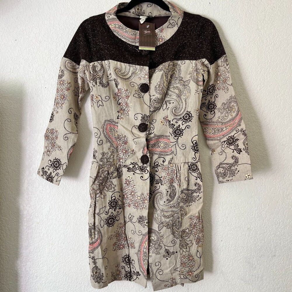 Y Apparel USA Womens Small Tan Black Paisley Linen Mini Dress 3/4 Sleeve New